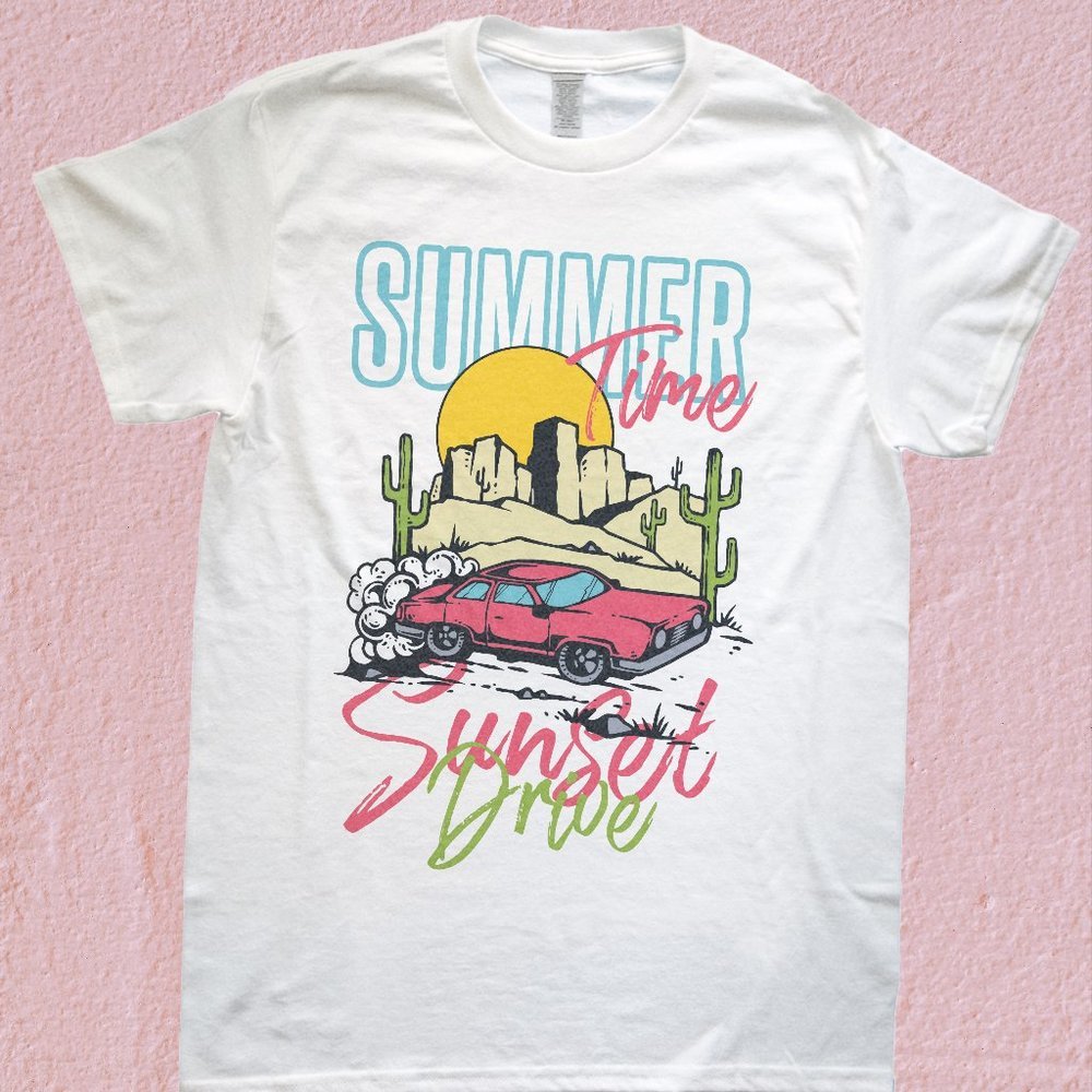 Summer Time Sunset Drive White T Shirt